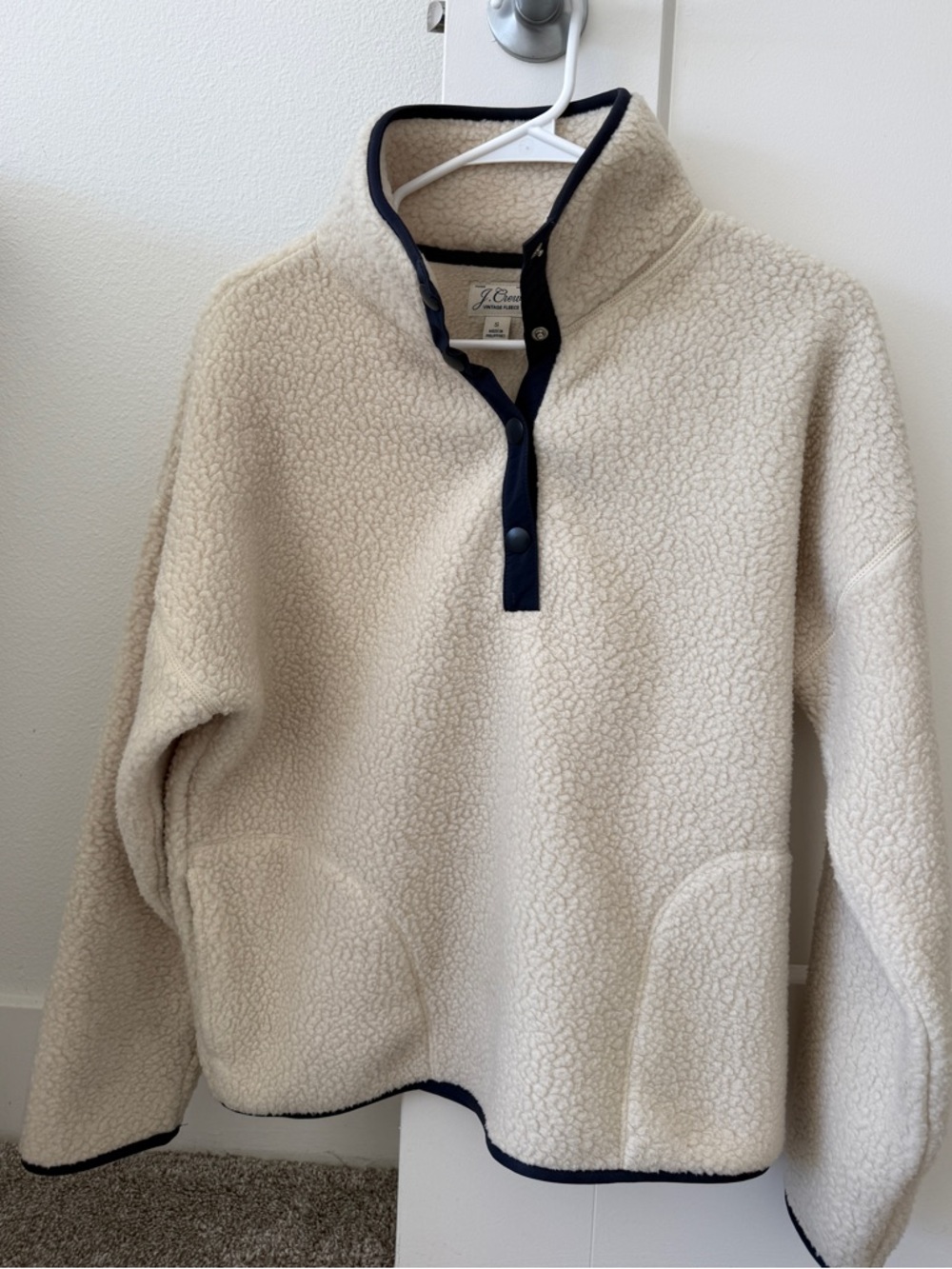 J. Crew Woman’s  Cream Sherpa Pullover with Navy Trim